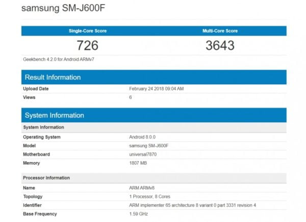 Samsung Galaxy J6 Geekbench