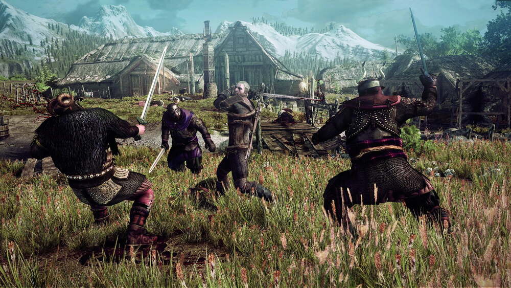 The Witcher 3 Wild Hunt Geralt fighting multiple opponents in a village in Skellige psd jpgcopy1
