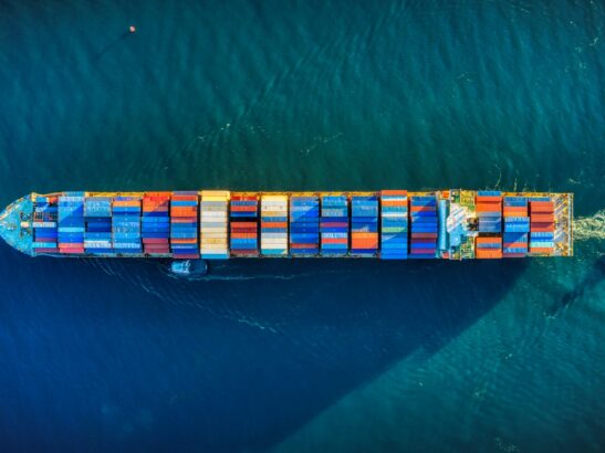 An aerial image of a container ship