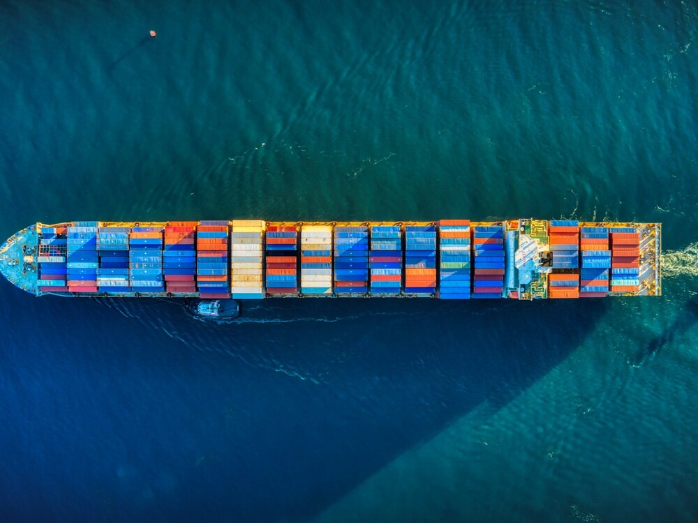 An aerial image of a container ship